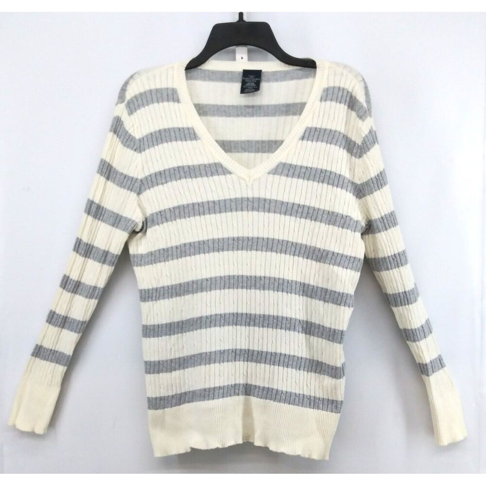 Faded Glory Sweater Women Plus Size 2X White Gray Striped Long Sleeve V-Neck Top